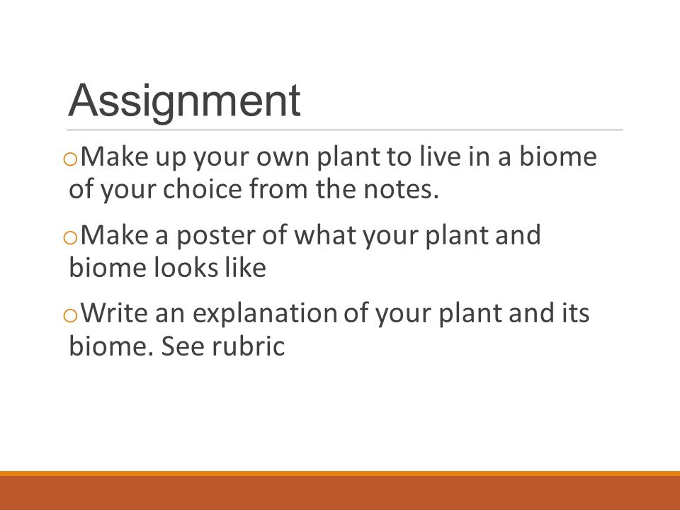 Assignment o Make up your own plant to live in a biome of your choice from the notes.