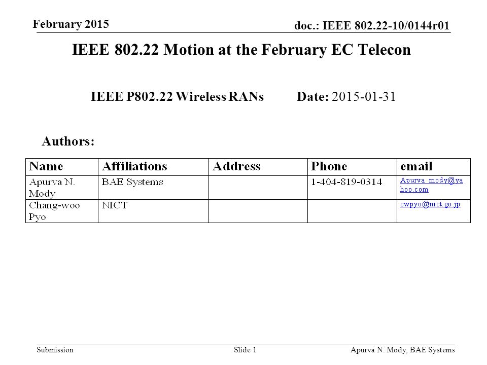 doc.: IEEE /0144r01 Submission February 2015 Apurva N.
