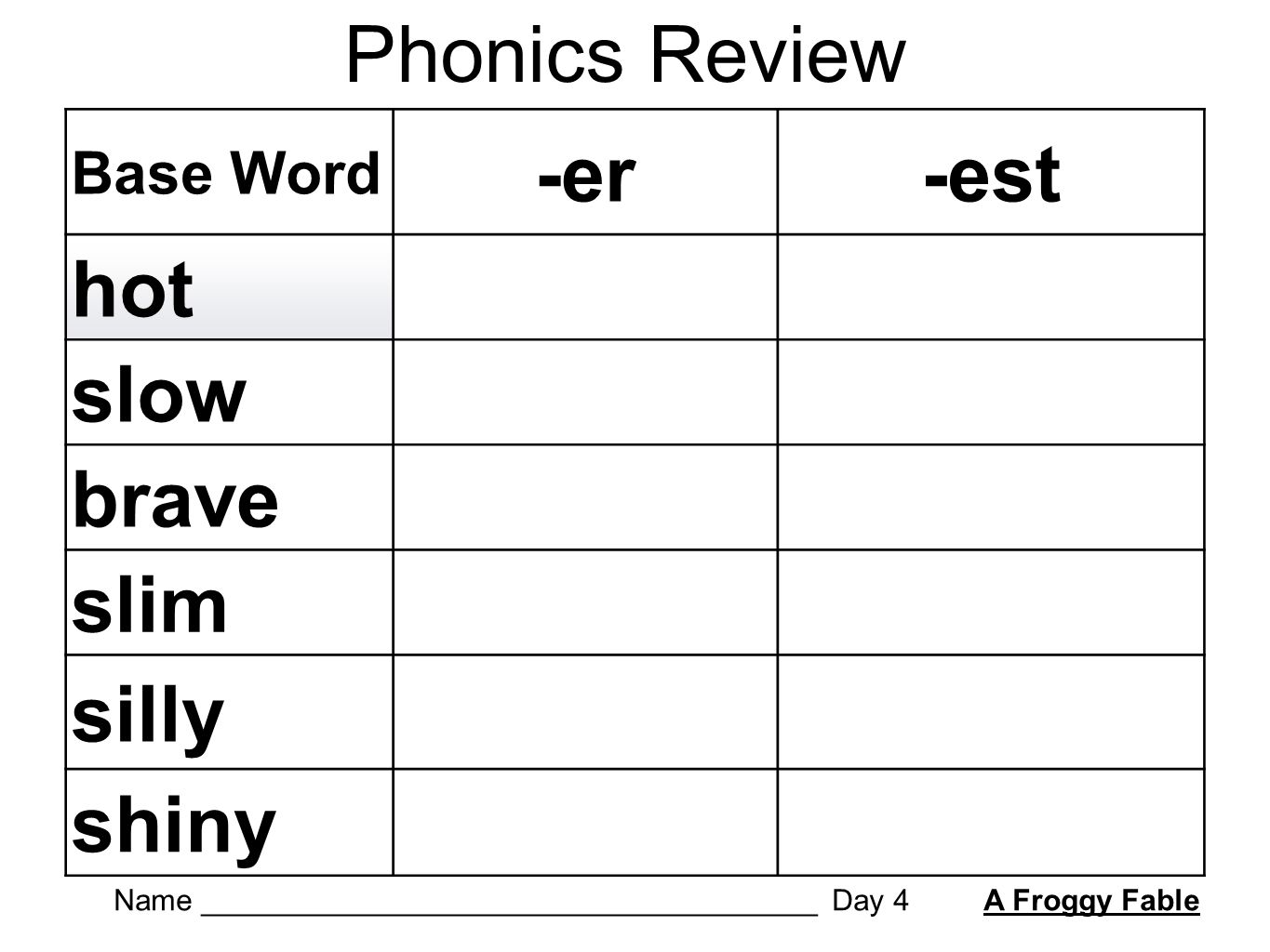 worksheet Er Est Worksheets phonics review base word er est hot slow brave slim silly shiny 1 name