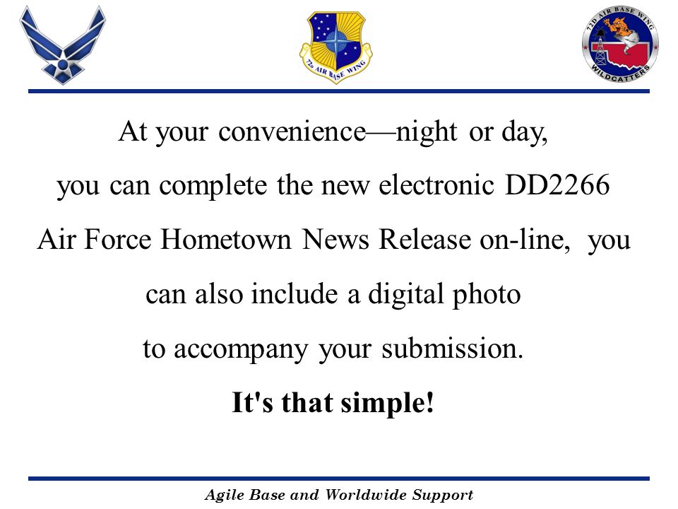 agile base and worldwide support 72d air base wing home town news dd form 2266 hometown news release