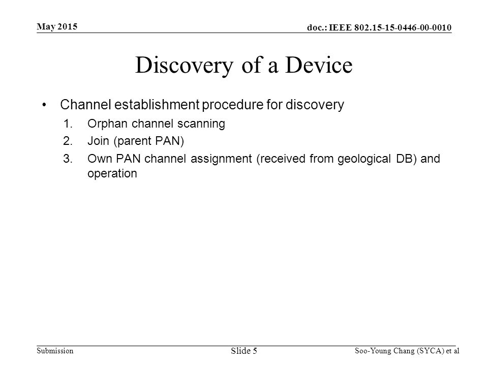doc.: IEEE Submission May 2015 Soo-Young Chang (SYCA) et al Discovery of a Device Channel establishment procedure for discovery 1.Orphan channel scanning 2.Join (parent PAN) 3.Own PAN channel assignment (received from geological DB) and operation Slide 5