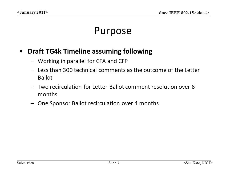 doc.: IEEE Submission Purpose Draft TG4k Timeline assuming following –Working in parallel for CFA and CFP –Less than 300 technical comments as the outcome of the Letter Ballot –Two recirculation for Letter Ballot comment resolution over 6 months –One Sponsor Ballot recirculation over 4 months Slide 3