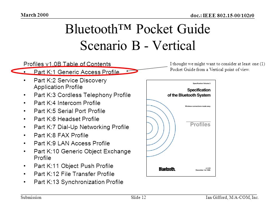 doc.: IEEE /102r0 Submission March 2000 Ian Gifford, M/A-COM, Inc.Slide 12 Bluetooth™ Pocket Guide Scenario B - Vertical Profiles v1.0B Table of Contents Part K:1 Generic Access Profile Part K:2 Service Discovery Application Profile Part K:3 Cordless Telephony Profile Part K:4 Intercom Profile Part K:5 Serial Port Profile Part K:6 Headset Profile Part K:7 Dial-Up Networking Profile Part K:8 FAX Profile Part K:9 LAN Access Profile Part K:10 Generic Object Exchange Profile Part K:11 Object Push Profile Part K:12 File Transfer Profile Part K:13 Synchronization Profile I thought we might want to consider at least one (1) Pocket Guide from a Vertical point of view.