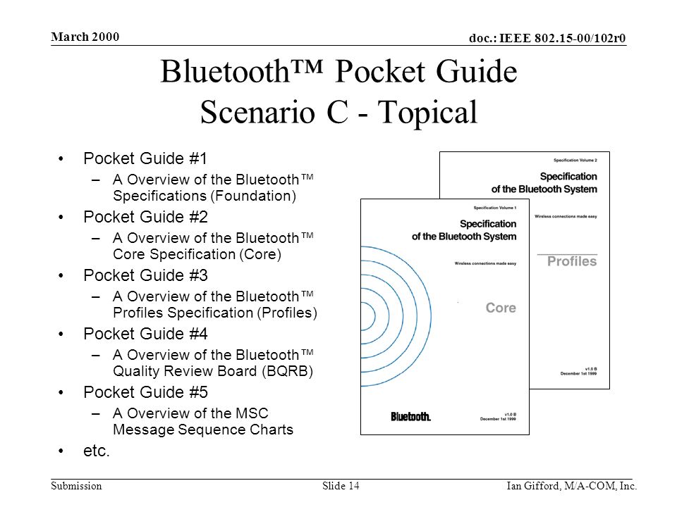 doc.: IEEE /102r0 Submission March 2000 Ian Gifford, M/A-COM, Inc.Slide 14 Bluetooth™ Pocket Guide Scenario C - Topical Pocket Guide #1 –A Overview of the Bluetooth™ Specifications (Foundation) Pocket Guide #2 –A Overview of the Bluetooth™ Core Specification (Core) Pocket Guide #3 –A Overview of the Bluetooth™ Profiles Specification (Profiles) Pocket Guide #4 –A Overview of the Bluetooth™ Quality Review Board (BQRB) Pocket Guide #5 –A Overview of the MSC Message Sequence Charts etc.