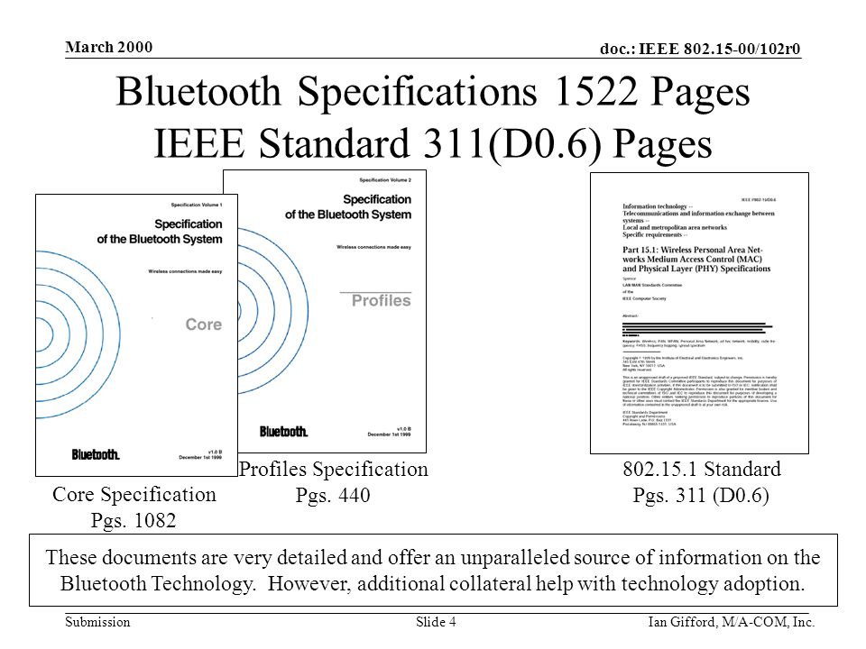 doc.: IEEE /102r0 Submission March 2000 Ian Gifford, M/A-COM, Inc.Slide 4 Bluetooth Specifications 1522 Pages IEEE Standard 311(D0.6) Pages Core Specification Pgs.
