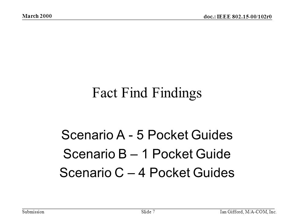 doc.: IEEE /102r0 Submission March 2000 Ian Gifford, M/A-COM, Inc.Slide 7 Fact Find Findings Scenario A - 5 Pocket Guides Scenario B – 1 Pocket Guide Scenario C – 4 Pocket Guides