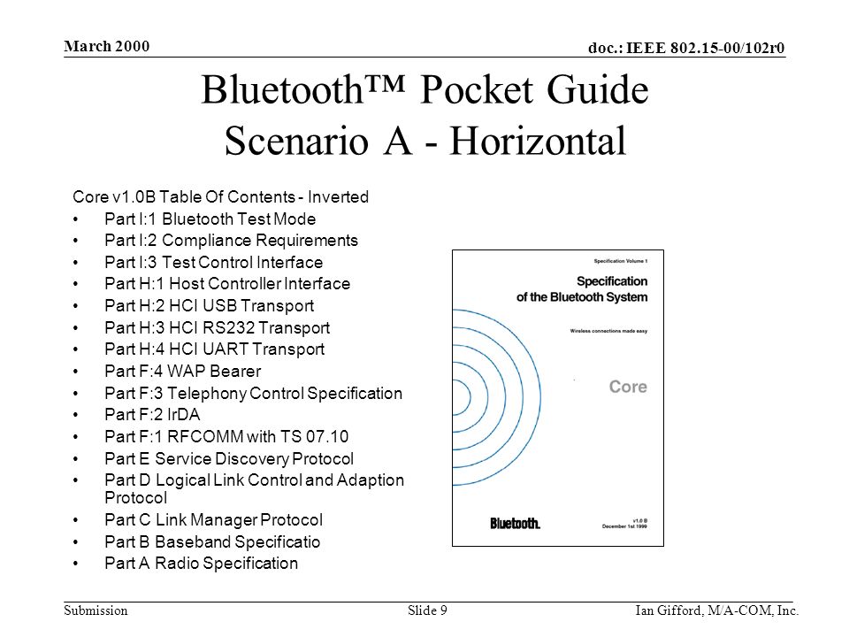 doc.: IEEE /102r0 Submission March 2000 Ian Gifford, M/A-COM, Inc.Slide 9 Bluetooth™ Pocket Guide Scenario A - Horizontal Core v1.0B Table Of Contents - Inverted Part I:1 Bluetooth Test Mode Part I:2 Compliance Requirements Part I:3 Test Control Interface Part H:1 Host Controller Interface Part H:2 HCI USB Transport Part H:3 HCI RS232 Transport Part H:4 HCI UART Transport Part F:4 WAP Bearer Part F:3 Telephony Control Specification Part F:2 IrDA Part F:1 RFCOMM with TS Part E Service Discovery Protocol Part D Logical Link Control and Adaption Protocol Part C Link Manager Protocol Part B Baseband Specificatio Part A Radio Specification