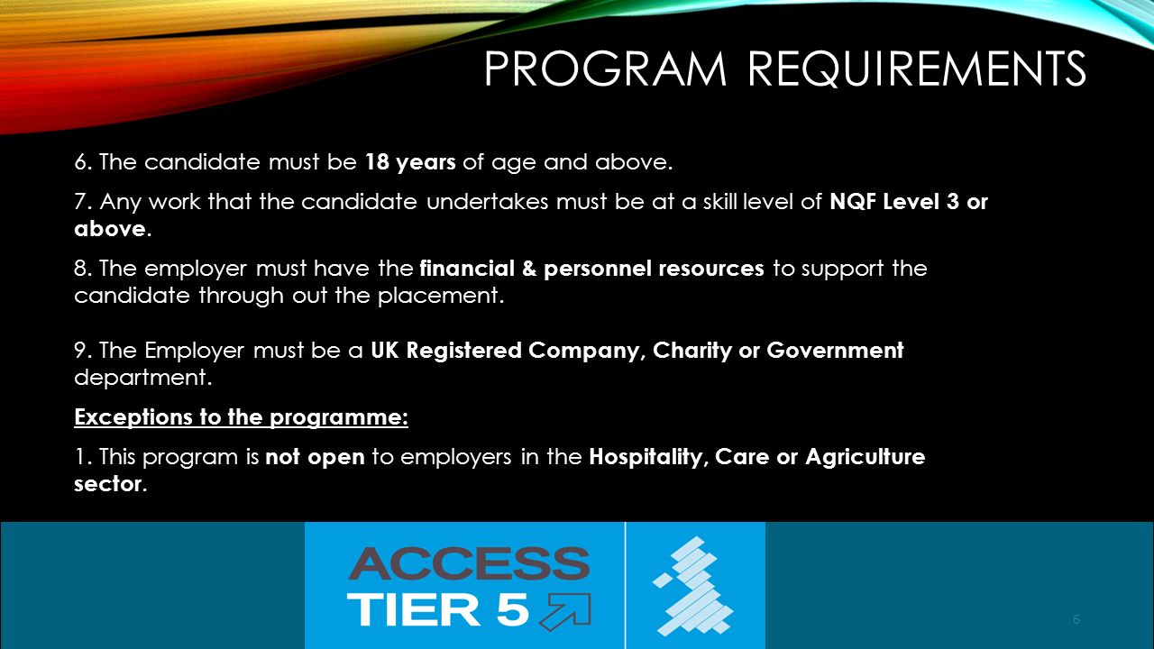 6 Access Tier 5 PROGRAM REQUIREMENTS 6. The candidate must be 18 years of age and above.