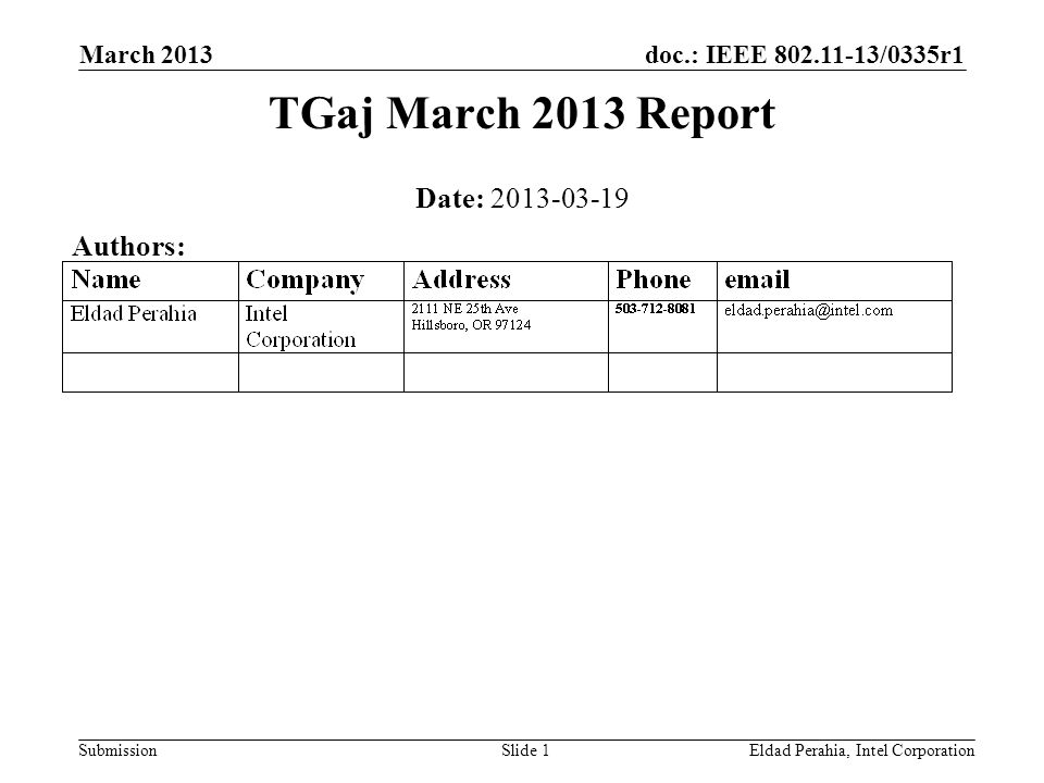doc.: IEEE /0335r1 SubmissionEldad Perahia, Intel CorporationSlide 1 Date: Authors: TGaj March 2013 Report March 2013