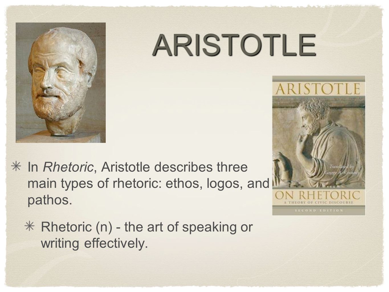 ARISTOTLE In Rhetoric, Aristotle describes three main types of rhetoric: ethos, logos, and pathos.