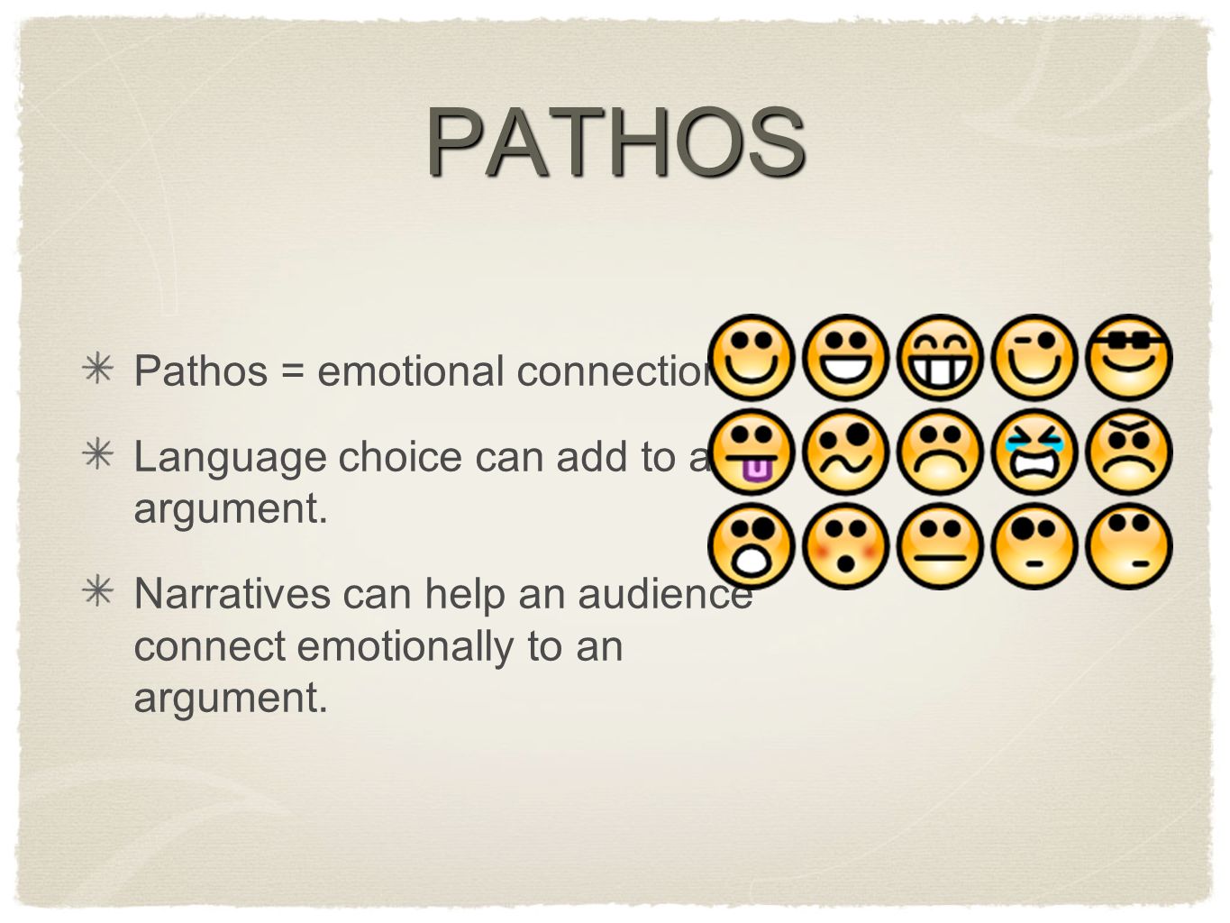 PATHOS Pathos = emotional connection Language choice can add to an argument.