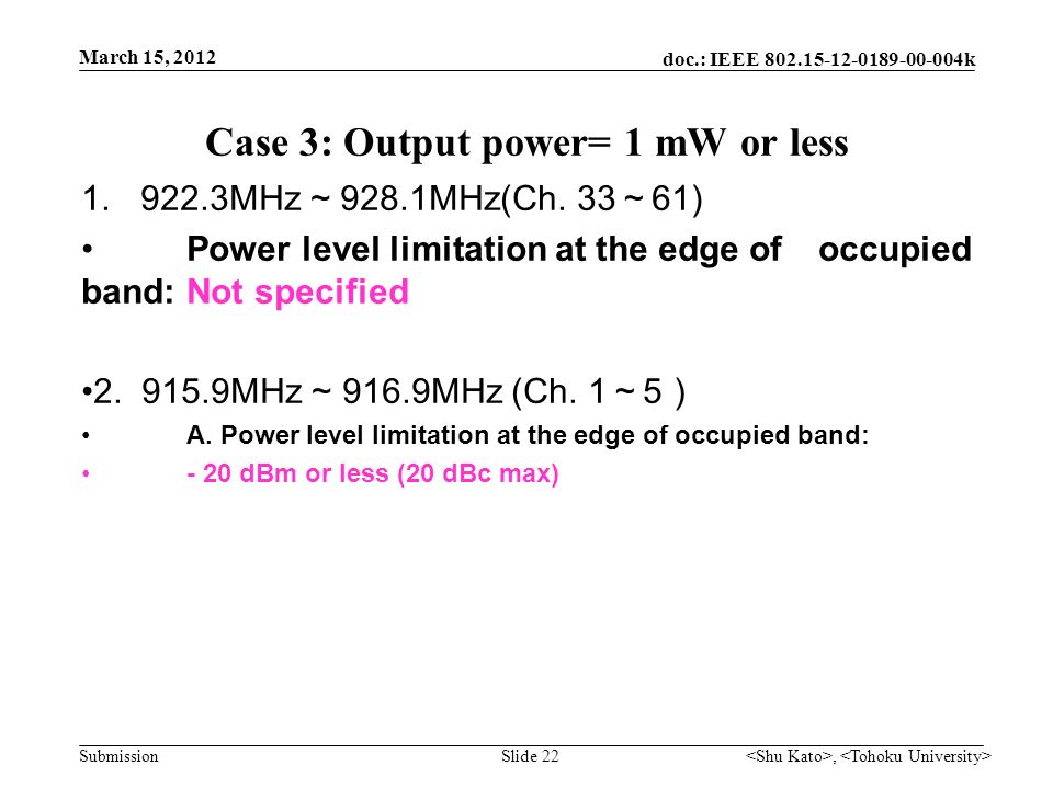 doc.: IEEE k Submission Case 3: Output power= 1 mW or less MHz ~ 928.1MHz(Ch.