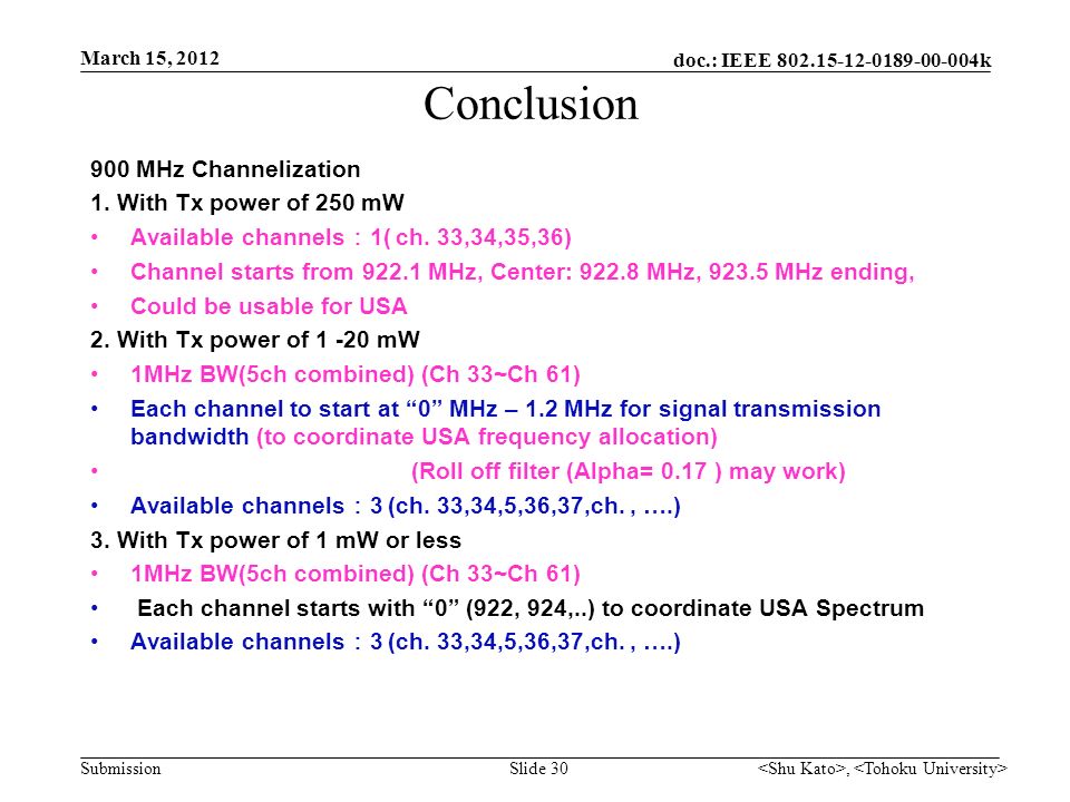 doc.: IEEE k Submission Conclusion 900 MHz Channelization 1.