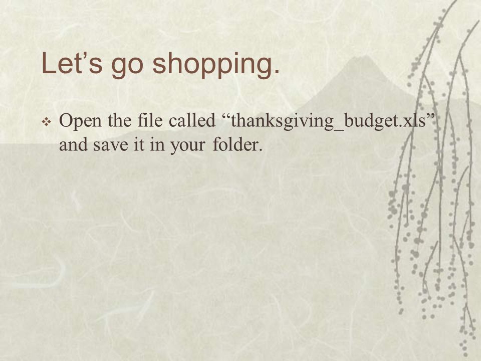 Let’s go shopping.  Open the file called thanksgiving_budget.xls and save it in your folder.