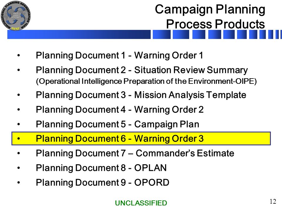 campaign planning process 29 march 2006 step 4e determine warning order template