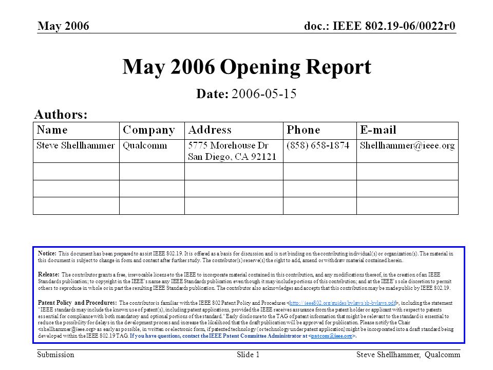 doc.: IEEE /0022r0 Submission May 2006 Steve Shellhammer, QualcommSlide 1 May 2006 Opening Report Notice: This document has been prepared to assist IEEE
