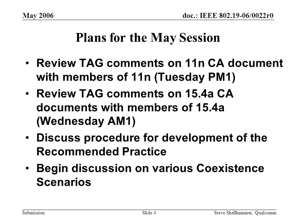 doc.: IEEE /0022r0 Submission May 2006 Steve Shellhammer, QualcommSlide 4 Plans for the May Session Review TAG comments on 11n CA document with members of 11n (Tuesday PM1) Review TAG comments on 15.4a CA documents with members of 15.4a (Wednesday AM1) Discuss procedure for development of the Recommended Practice Begin discussion on various Coexistence Scenarios