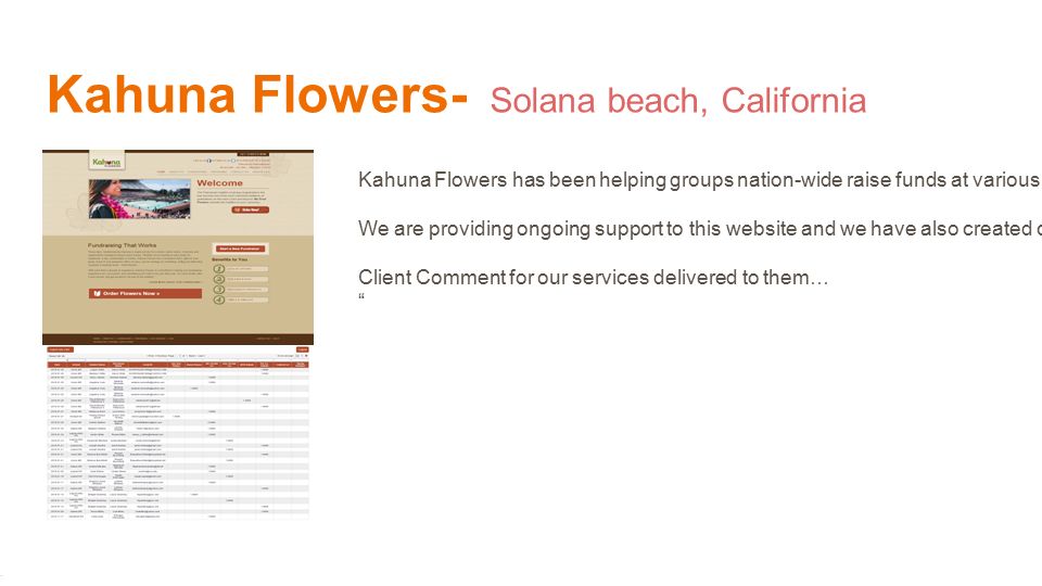 Kahuna Flowers- Solana beach, California Kahuna Flowers has been helping groups nation-wide raise funds at various events, charities, graduations, etc,.