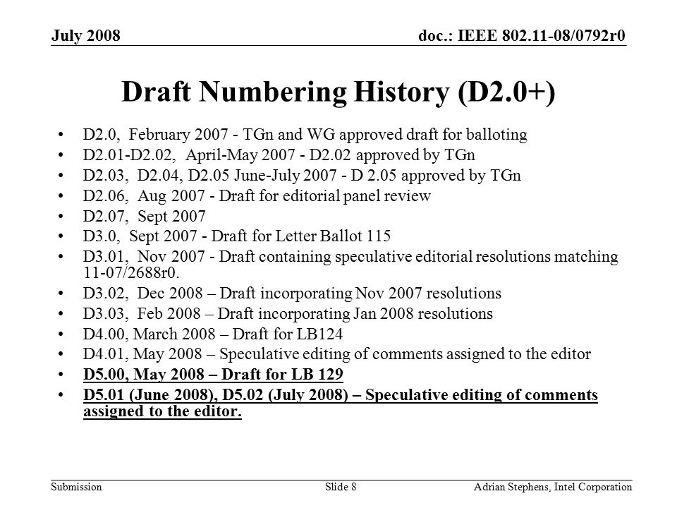 doc.: IEEE /0792r0 Submission July 2008 Adrian Stephens, Intel CorporationSlide 8 Draft Numbering History (D2.0+) D2.0, February TGn and WG approved draft for balloting D2.01-D2.02, April-May D2.02 approved by TGn D2.03, D2.04, D2.05 June-July D 2.05 approved by TGn D2.06, Aug Draft for editorial panel review D2.07, Sept 2007 D3.0, Sept Draft for Letter Ballot 115 D3.01, Nov Draft containing speculative editorial resolutions matching 11-07/2688r0.