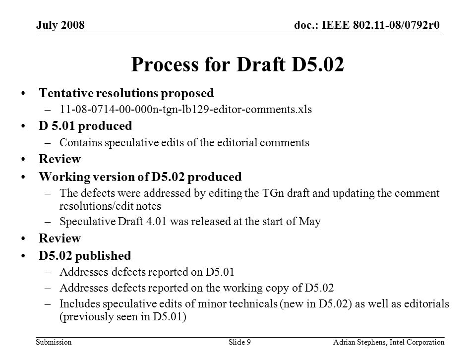 doc.: IEEE /0792r0 Submission July 2008 Adrian Stephens, Intel CorporationSlide 9 Process for Draft D5.02 Tentative resolutions proposed – n-tgn-lb129-editor-comments.xls D 5.01 produced –Contains speculative edits of the editorial comments Review Working version of D5.02 produced –The defects were addressed by editing the TGn draft and updating the comment resolutions/edit notes –Speculative Draft 4.01 was released at the start of May Review D5.02 published –Addresses defects reported on D5.01 –Addresses defects reported on the working copy of D5.02 –Includes speculative edits of minor technicals (new in D5.02) as well as editorials (previously seen in D5.01)