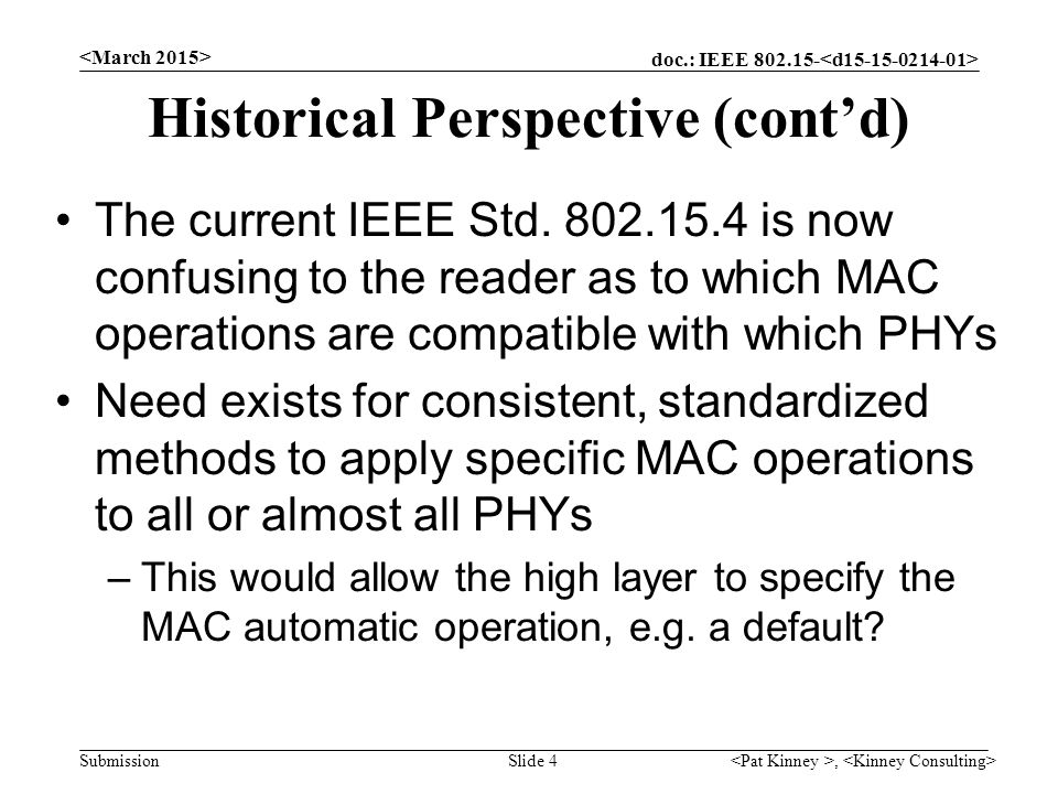 doc.: IEEE Submission Historical Perspective (cont’d) The current IEEE Std.