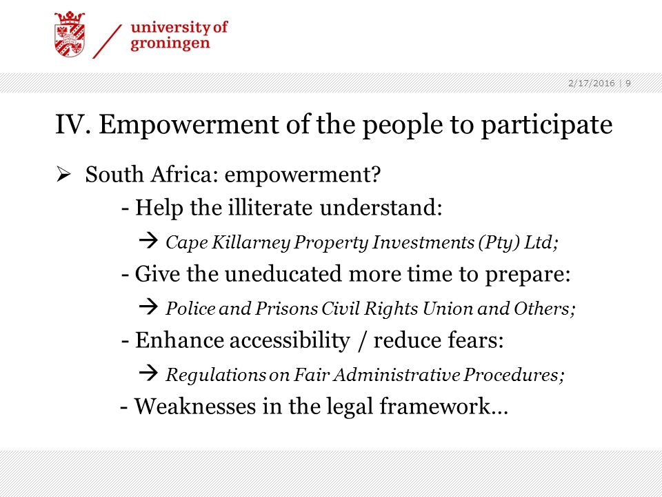 IV. Empowerment of the people to participate  South Africa: empowerment.