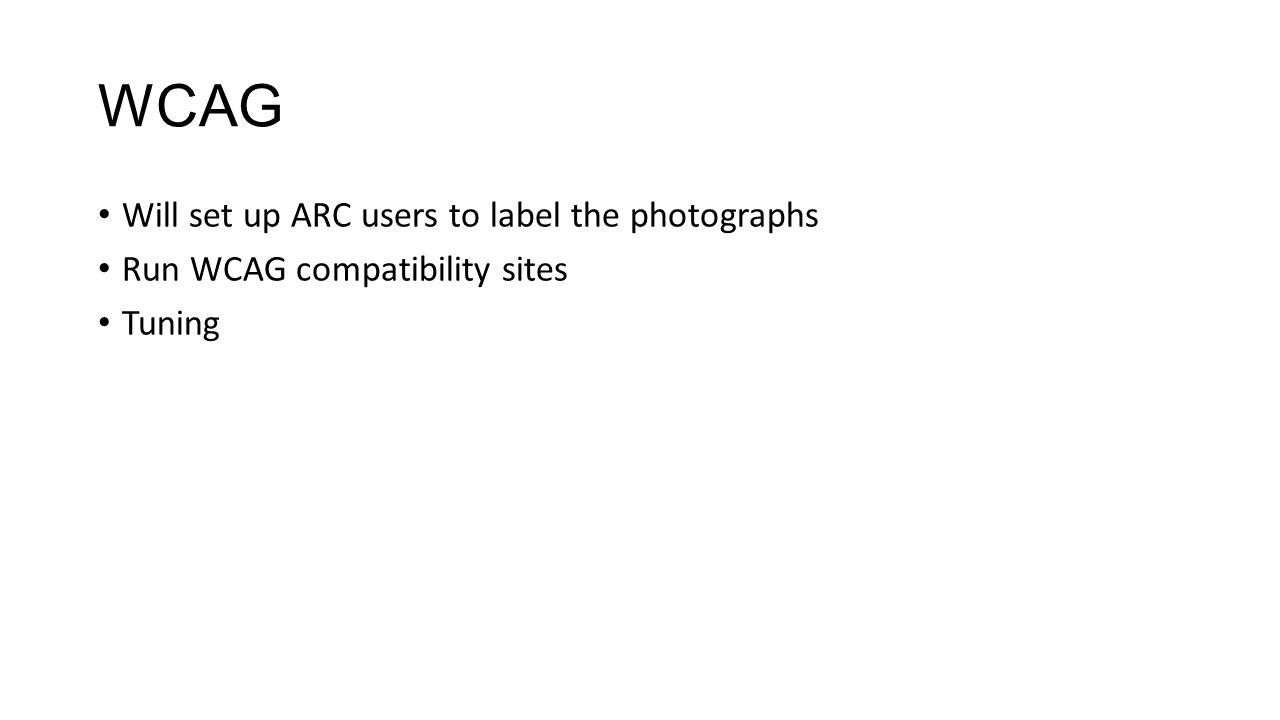WCAG Will set up ARC users to label the photographs Run WCAG compatibility sites Tuning