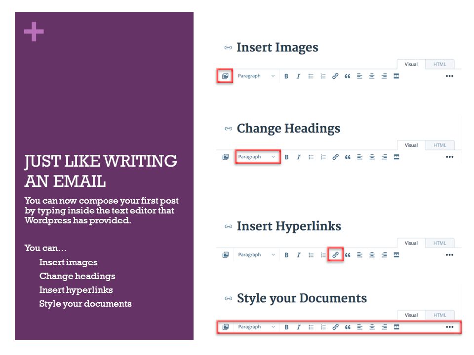 + JUST LIKE WRITING AN  You can now compose your first post by typing inside the text editor that Wordpress has provided.