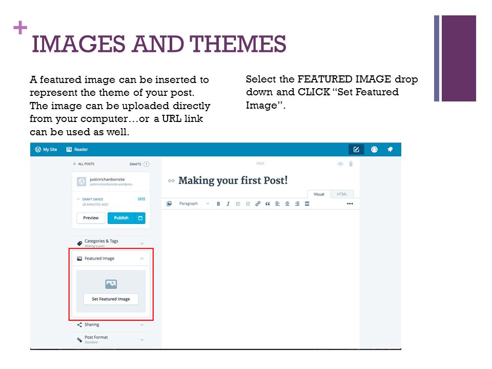 + IMAGES AND THEMES A featured image can be inserted to represent the theme of your post.