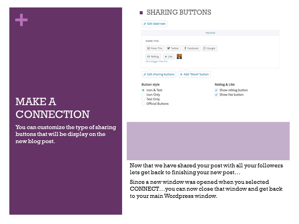 + MAKE A CONNECTION You can customize the type of sharing buttons that will be display on the new blog post.