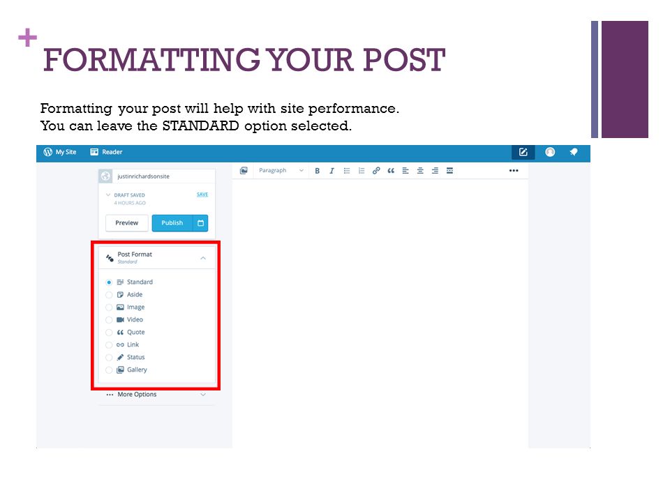 + FORMATTING YOUR POST Formatting your post will help with site performance.