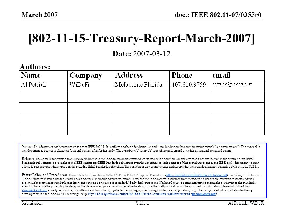 doc.: IEEE /0355r0 Submission March 2007 Al Petrick, WiDeFiSlide 1 [ Treasury-Report-March-2007] Notice: This document has been prepared to assist IEEE