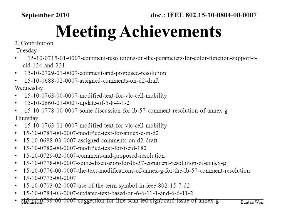 doc.: IEEE Submission September 2010 Euntae Won 3.