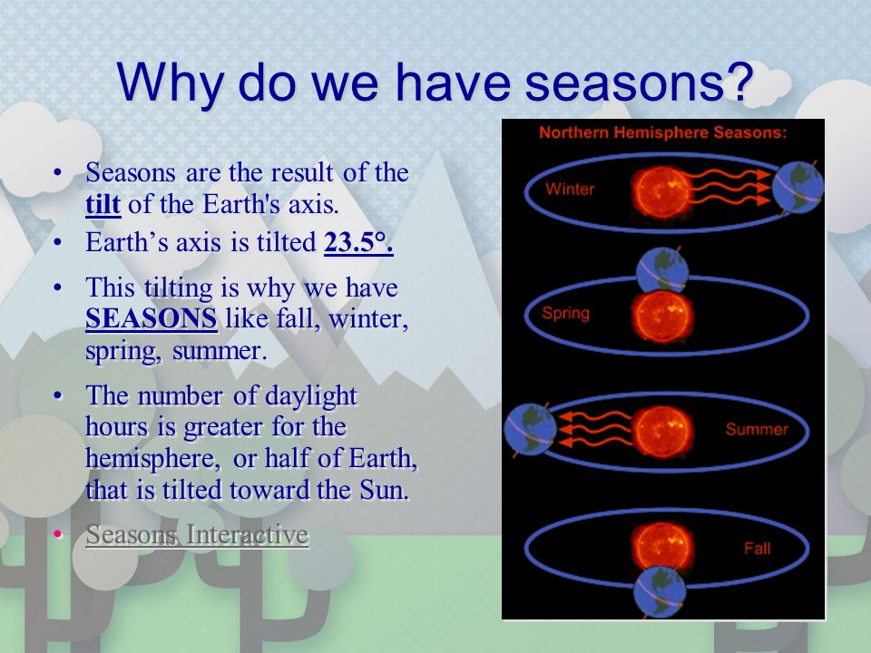 Why do we have seasons. Seasons are the result of the tilt of the Earth s axis.