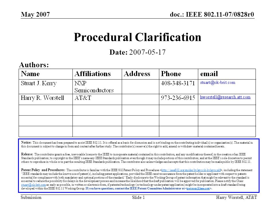 doc.: IEEE /0828r0 Submission May 2007 Harry Worstell, AT&TSlide 1 Procedural Clarification Notice: This document has been prepared to assist IEEE