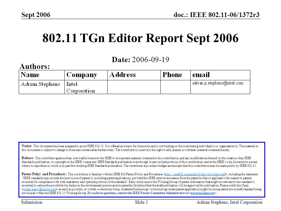 doc.: IEEE /1372r3 Submission Sept 2006 Adrian Stephens, Intel CorporationSlide TGn Editor Report Sept 2006 Notice: This document has been prepared to assist IEEE