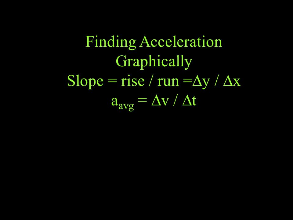 Finding Acceleration Graphically Slope = rise / run =  y /  x a avg =  v /  t