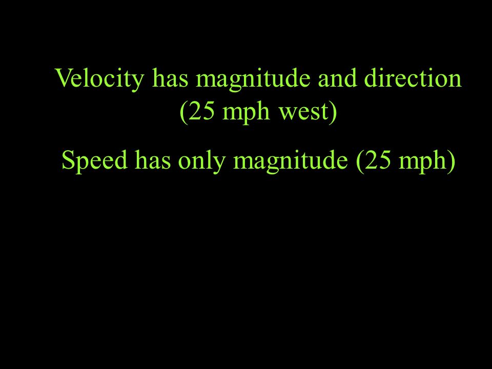 Velocity has magnitude and direction (25 mph west) Speed has only magnitude (25 mph)