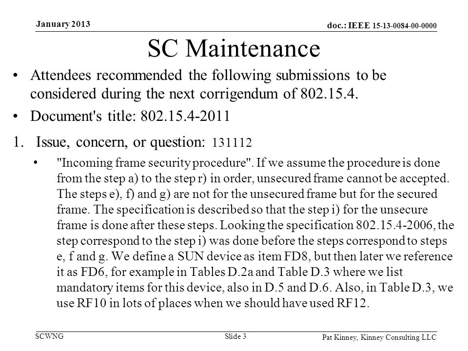 doc.: IEEE SCWNG SC Maintenance Attendees recommended the following submissions to be considered during the next corrigendum of