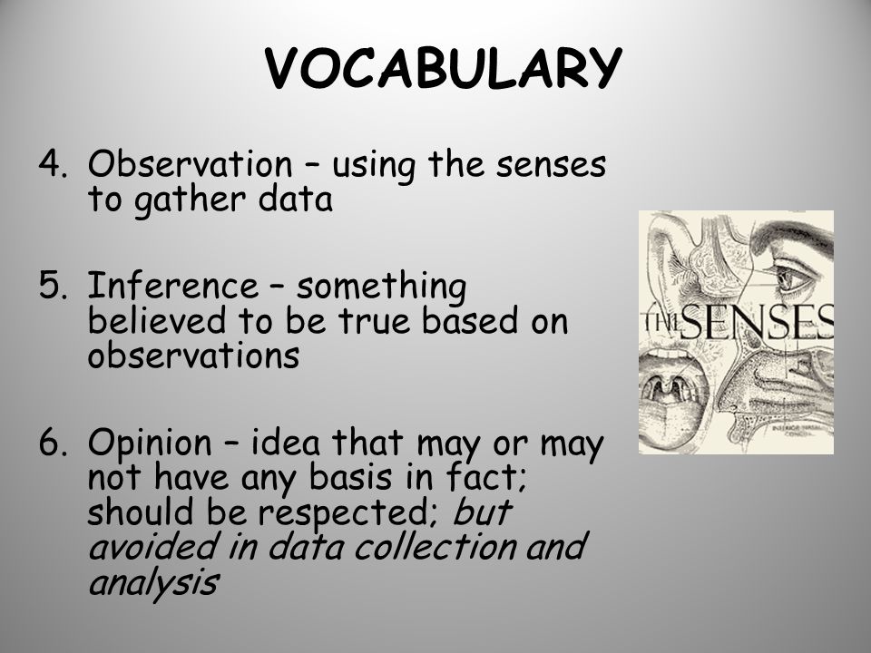 VOCABULARY 4.Observation – using the senses to gather data 5.Inference – something believed to be true based on observations 6.Opinion – idea that may or may not have any basis in fact; should be respected; but avoided in data collection and analysis