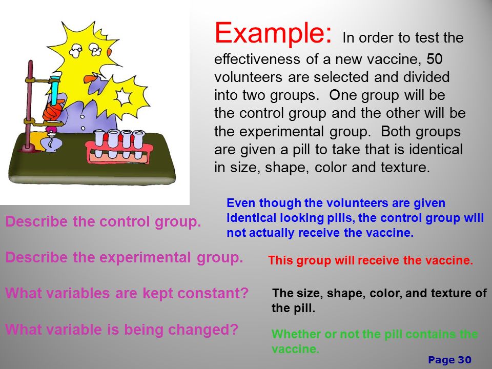 Page 30 Example: In order to test the effectiveness of a new vaccine, 50 volunteers are selected and divided into two groups.