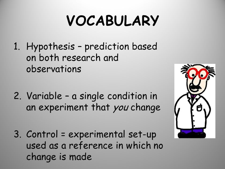 VOCABULARY 1.Hypothesis – prediction based on both research and observations 2.Variable – a single condition in an experiment that you change 3.Control = experimental set-up used as a reference in which no change is made