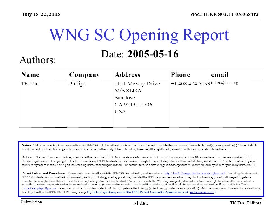 doc.: IEEE /0684r2 Submission July 18-22, 2005 TK Tan (Philips) Slide 2 WNG SC Opening Report Notice: This document has been prepared to assist IEEE