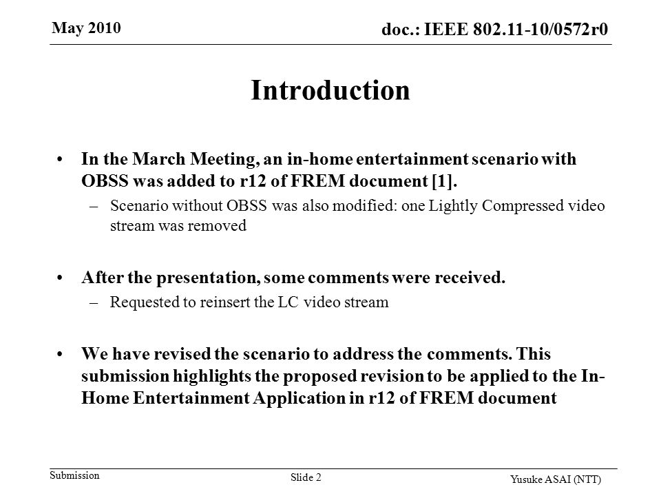 doc.: IEEE /0161r1 Submission doc.: IEEE /0572r0 Introduction In the March Meeting, an in-home entertainment scenario with OBSS was added to r12 of FREM document [1].