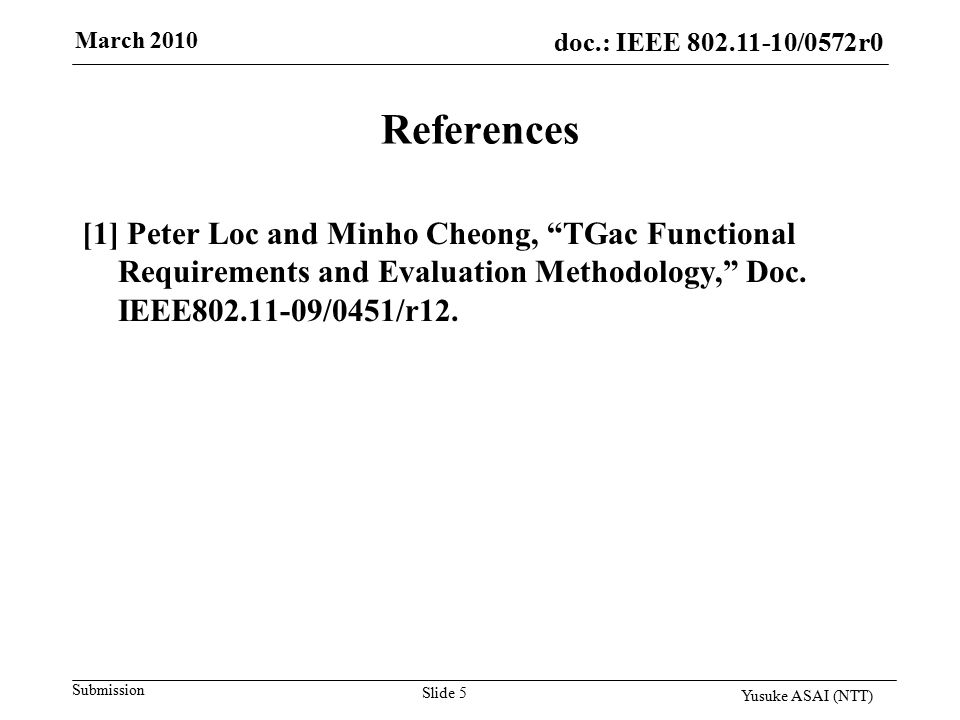 doc.: IEEE /0161r1 Submission doc.: IEEE /0572r0 References [1] Peter Loc and Minho Cheong, TGac Functional Requirements and Evaluation Methodology, Doc.