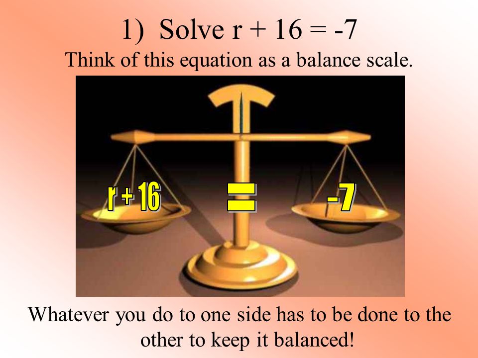1) Solve r + 16 = -7 Think of this equation as a balance scale.