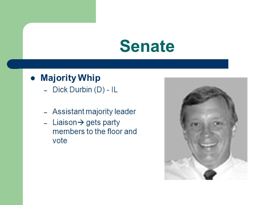 Senate Majority Leader – Harry Reid (D) -- NV – Most powerful member of Senate – Chief spokesperson of his/her party on the floor