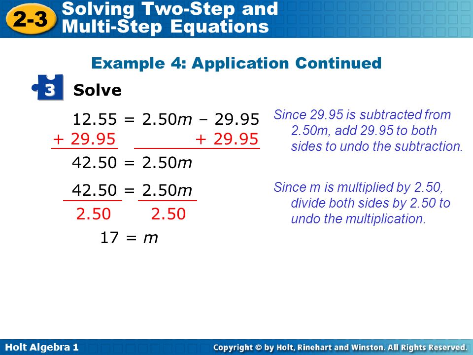 Holt Algebra Solving Two Step And Multi Equations Solve Holt Algebra 1 2 3 Solving Two Step And Multi Equations Example