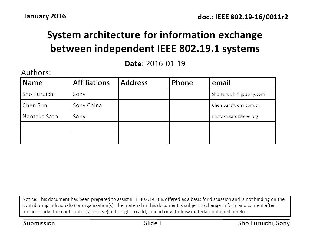 Submission doc.: IEEE /0011r2 January 2016 Sho Furuichi, SonySlide 1 System architecture for information exchange between independent IEEE systems Date: Authors: Notice: This document has been prepared to assist IEEE