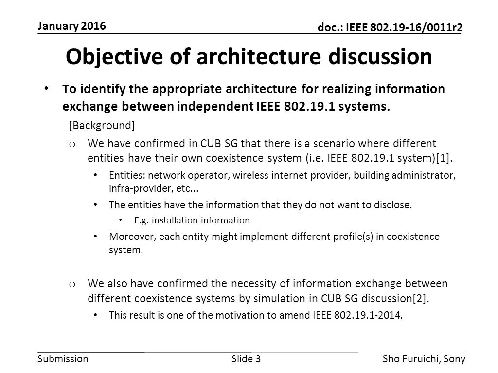 Submission doc.: IEEE /0011r2 Objective of architecture discussion To identify the appropriate architecture for realizing information exchange between independent IEEE systems.